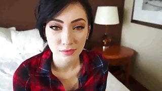 Amazing brunette gagging on a big white cock and fucks it